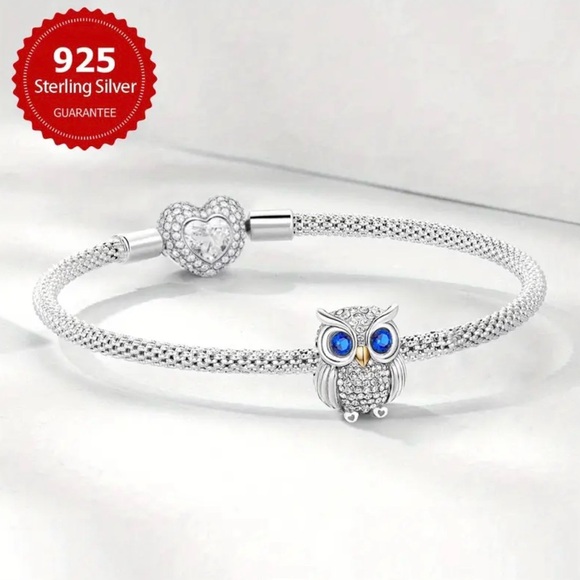 Sterling Silver 925 Pandora Owl Charm with Blue Gem Eyes - Picture 5 of 10